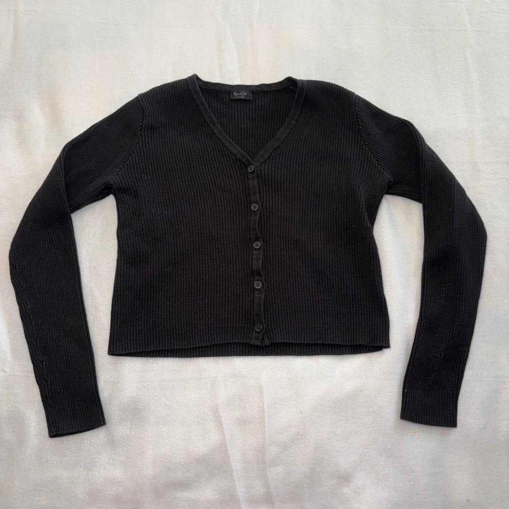John Galt Brandy Melville Black Ribbed Button Front V-Neck Cardigan Cropped OS